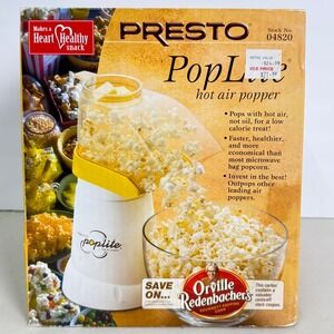 Presto PopLite Hot Air Popper 04820 White Yellow 1440W Popcorn Maker Healthy NIB